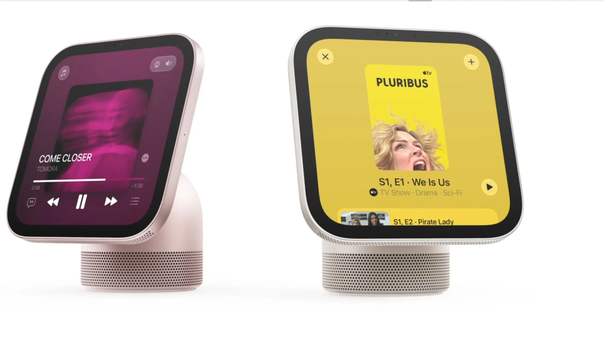 Two angled HomeView-style displays showcasing music and entertainment interfaces